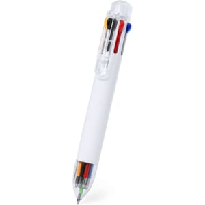 A white plastic pen featuring multiple ink colours and a transparent barrel, with a logo visible on the side.