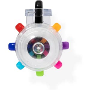 A circular plastic pen featuring multiple bright ink colours: orange, pink, purple, blue, green, and black. It has a logo.