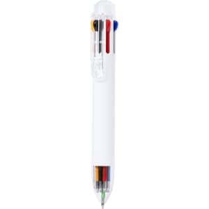 A plastic pen in white with multiple ink colours visible through a transparent barrel, featuring a logo.