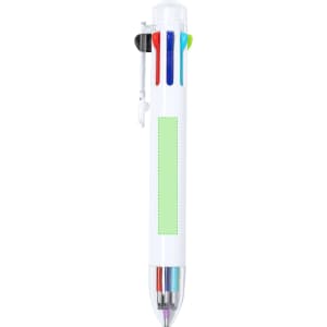 A plastic pen featuring a white body with red, blue, green, and black ink options and a clip.