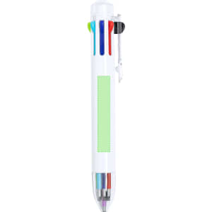 A plastic pen in white with four ink colours: blue, red, green, and black. It features a clear barrel and a clip.