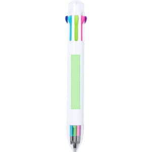 A white plastic pen featuring multiple ink colours: pink, blue, green, and purple, with a logo on the barrel.