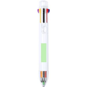 A multi-coloured plastic pen in white with various ink colours and a clear casing featuring a branding space.