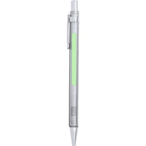 A mechanical pencil in transparent plastic with a silver finish and a green grip. Features a branding logo.