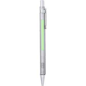 A mechanical pencil in clear plastic with a green accent and a silver tip, featuring a clip and textured grip.