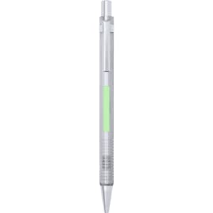 A mechanical pencil with a silver body and a green grip section. It features a metal tip and a logo.