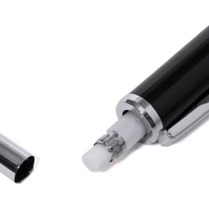 A black mechanical pencil with a silver clip, partially disassembled, revealing the lead mechanism inside.