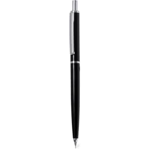 A black mechanical pencil with a chrome clip and detailing. It features a sleek, modern design and has a logo.