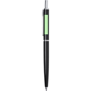 A black mechanical pencil with a silver clip and a light green area for branding.