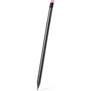 A grey-lead pencil with a black body and a pink eraser at the top. It features a logo near the tip.