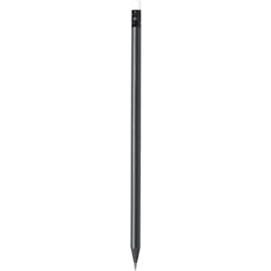 A grey lead pencil with a pointed tip, featuring a simple design and a branding logo at the top.