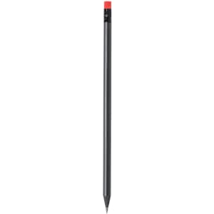 A grey lead pencil with a black body and a red eraser at the top. The pencil is unsharpened and has a logo.