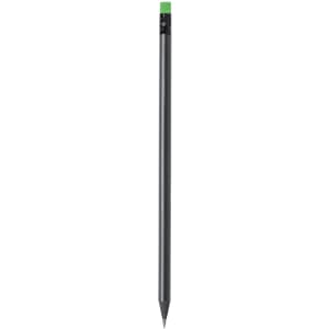 A grey lead pencil with a green eraser at the top, featuring a logo on the barrel.