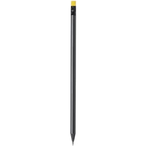 A grey lead pencil with a yellow eraser and a branded clip at the top.