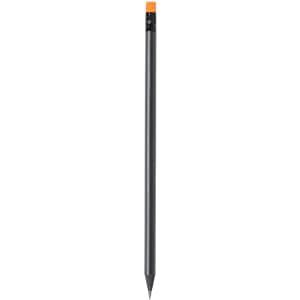 A grey lead pencil with an orange cap at the top, featuring a simple design and a visible branding logo.