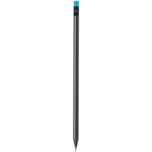 A grey lead pencil with a blue top and a sleek design, featuring a logo near the grip area.