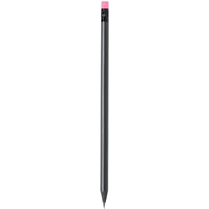 A grey lead pencil with a pink eraser and a simple design, featuring a branding logo at the top.