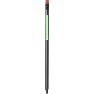 A grey lead pencil with a red eraser and a green strip, featuring a logo on its body.