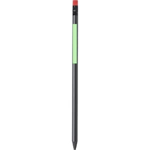A grey lead pencil with a red eraser and a green section, featuring a logo on its side.