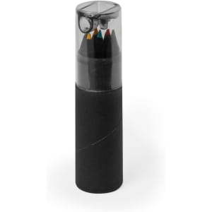 A set of coloured pencils in a cylindrical black container with a transparent lid.