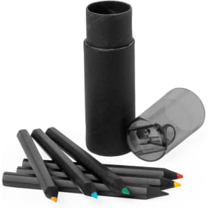 A set of six coloured pencils in a grey and black container, featuring shades of blue, yellow, green, and red.
