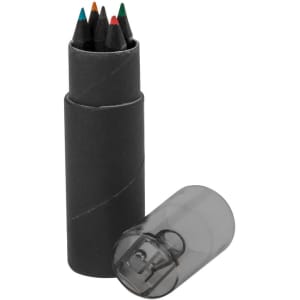 A set of coloured pencils in a cylindrical black container, with a clear lid partially removed, featuring various colours.