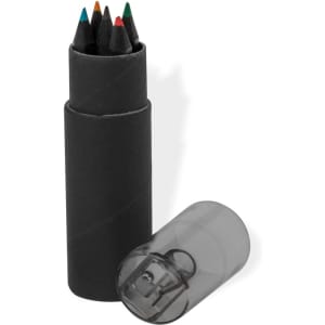 A set of coloured pencils in a sleek black tube, with a clear cap and a built-in sharpener.