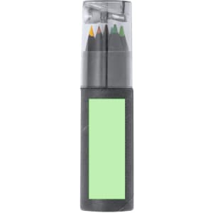 A set of coloured pencils in a clear tube, featuring yellow, green, and black pencils. The tube has a green label.
