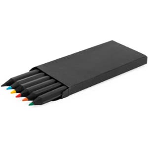 A pencil set featuring six coloured pencils in bright colours, presented in a black packaging.