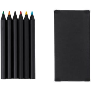 A pencil set featuring six coloured pencils in green, orange, red, yellow, blue, and black, alongside a black notebook.