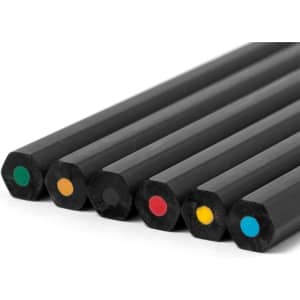 A set of black pencils in a row, featuring coloured ends in green, yellow, red, and blue. Includes a branding logo.