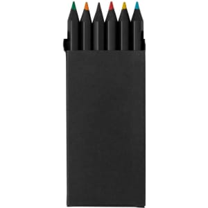 A box containing seven coloured pencils in orange, yellow, green, blue, red, and black. There is branding on the packaging.