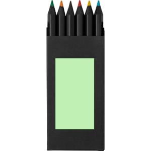 A set of six coloured pencils in various colours, presented in a black packaging with a green label area.
