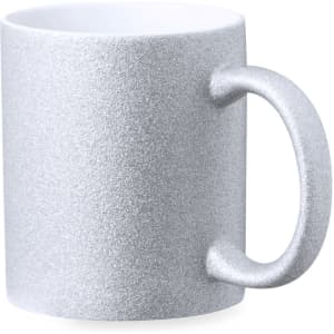 A silver glitter coffee mug with a smooth finish and a sturdy handle, featuring a logo.