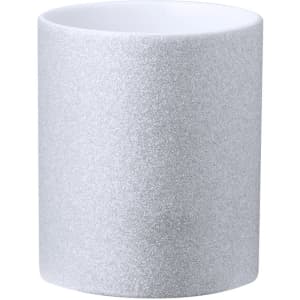 A coffee mug in a sparkling silver finish, featuring a smooth white interior and a branding logo.