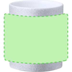 A coffee mug with a glittery silver exterior and a plain white interior, featuring a green design area.