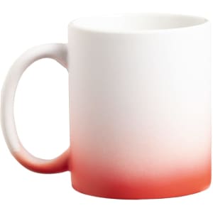 A coffee mug with a glossy white and red ombre design, featuring a handle and a smooth surface.