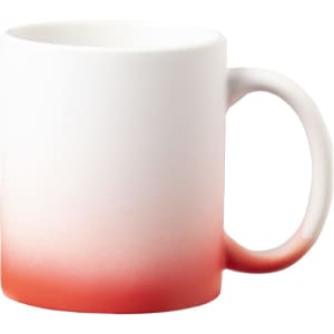A coffee mug featuring a white to red gradient design with a smooth handle and a glossy finish.