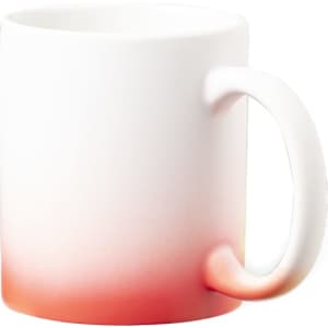 A coffee mug with a gradient design, transitioning from white to red at the bottom, featuring a handle and a logo.