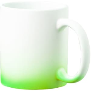 A green-to-white gradient coffee mug with a smooth finish and a sturdy handle. It features a logo branding.