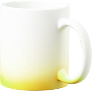 A coffee mug with a white body that transitions to a gradient of yellow and green. It features a handle and a simplistic design.