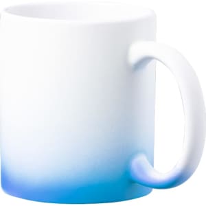 A coffee mug with a gradient design transitioning from white to blue, featuring a handle and a logo.