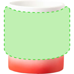 A coffee mug featuring a gradient design in orange and white, with a blank area for customisation and a logo.