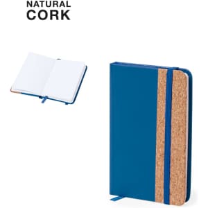 A blue notepad with a cork strip, featuring a ribbon bookmark and an open page showing blank sheets.