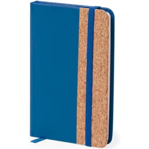 A blue notepad featuring a cork accent, with a matching elastic band and ribbon bookmark. It has a logo on the cover.