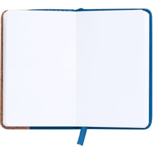 A notepad with a brown cover and blue spine, featuring blank white pages and a blue ribbon bookmark.