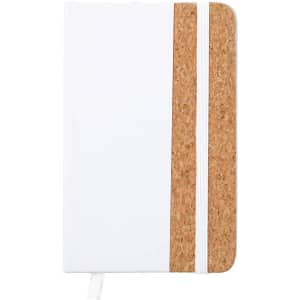 A white notepad with a cork cover and an elastic band. It features a logo on the front.
