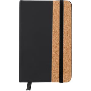 A black notepad with a cork stripe and an elastic band, featuring a bookmark ribbon and a logo.