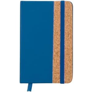 A blue notepad with a cork strip and an elastic band, featuring a ribbon bookmark and a logo.