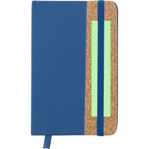 A blue notepad with a cork panel and an elastic band. It has a bookmark attached, useful for organisation.